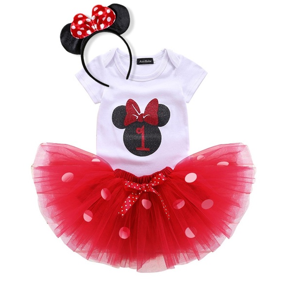 1st Birthday Outfit Matching Onesie Red Tulle Skirt and Headband - Picture 1 of 16